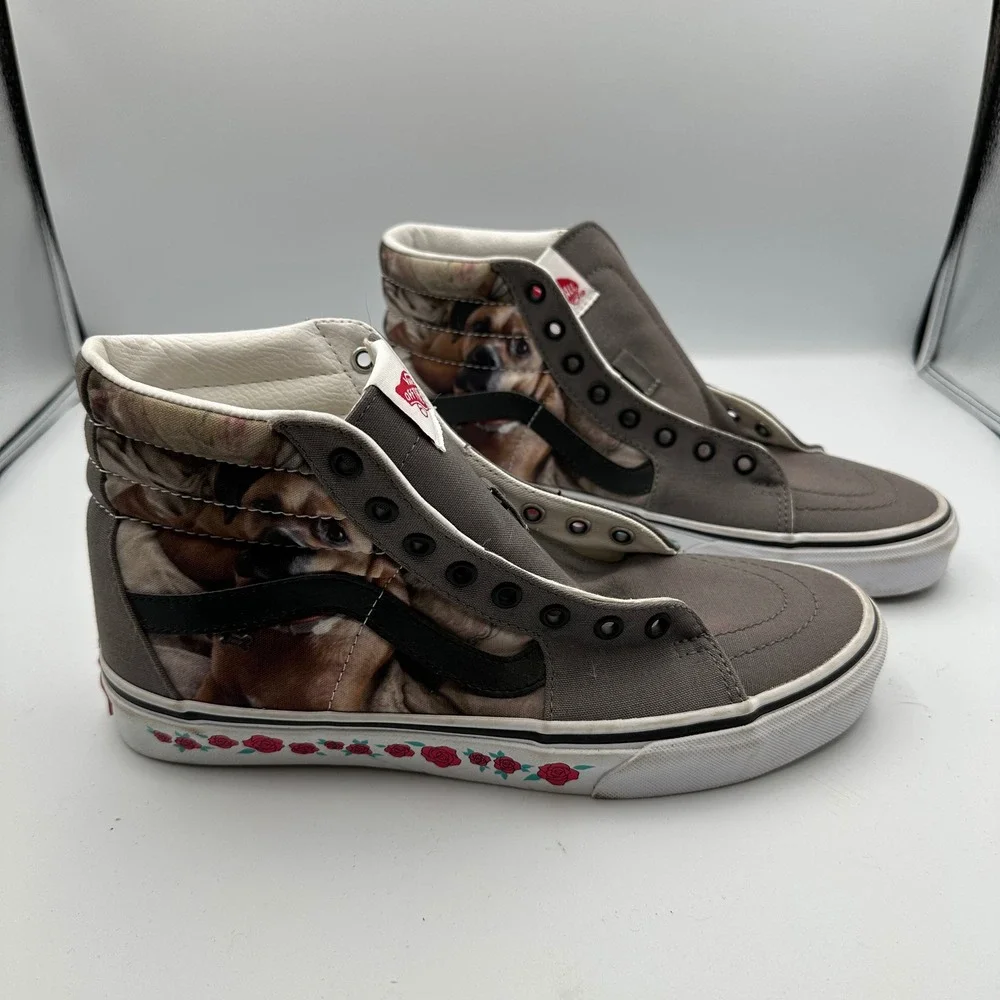 Vans Sk8-Hi Dog Print‎ High Top Skate Shoes Roses Gray Mens Size 9 Womens 10.5